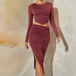 Oh Polly Ruched Maxi Skirt in Plum